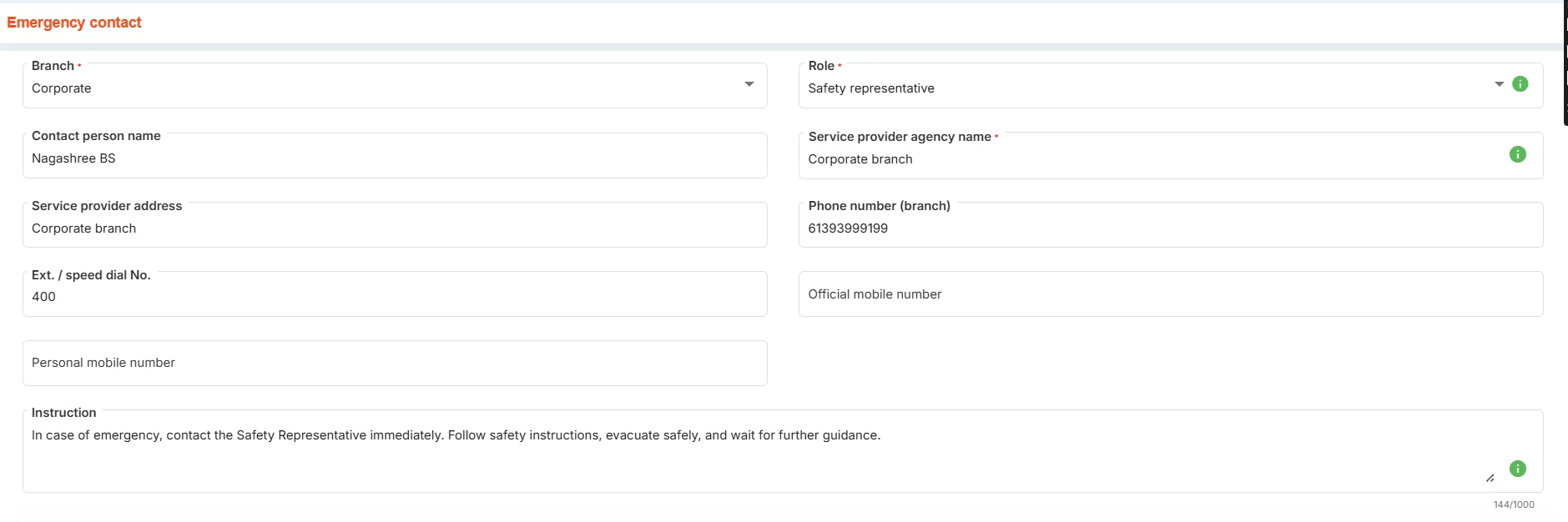 OMS Emergency Contact creation form — branch, role, contact person, phone numbers, and emergency instructions