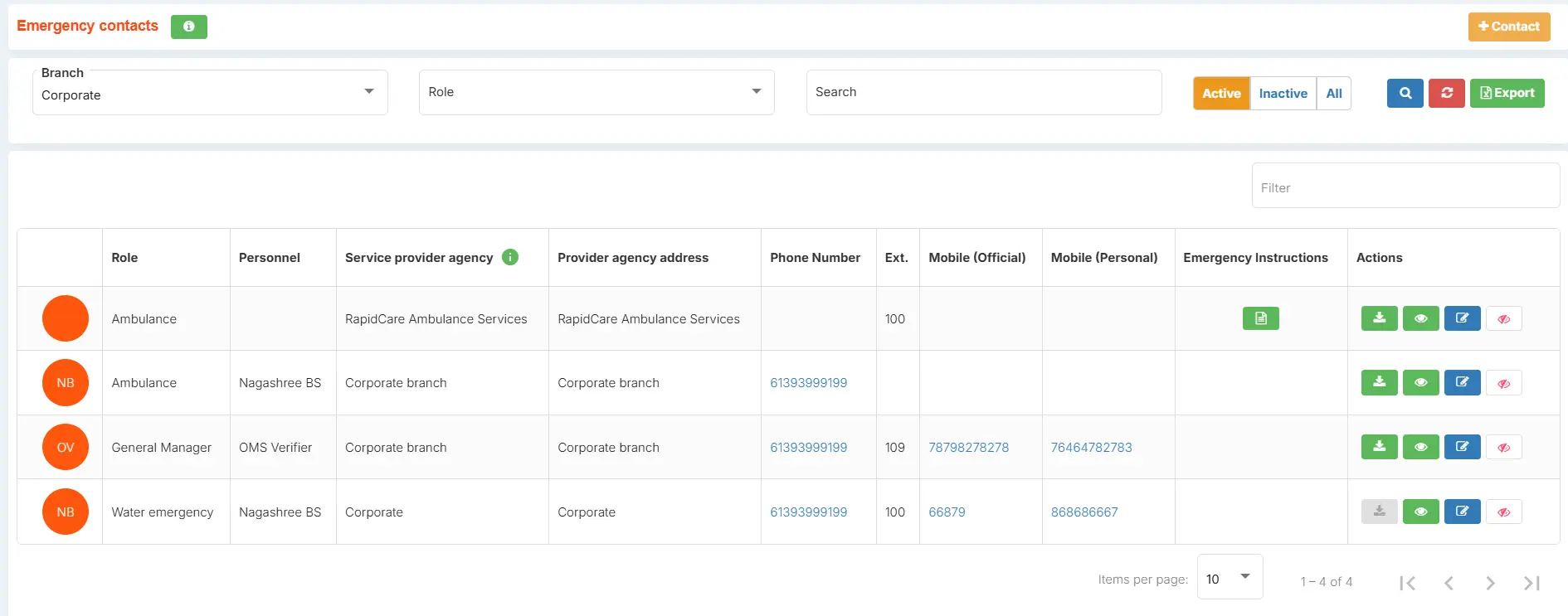 OMS Emergency Contacts listing page — searchable directory with branch and role filters, click-to-call, and export