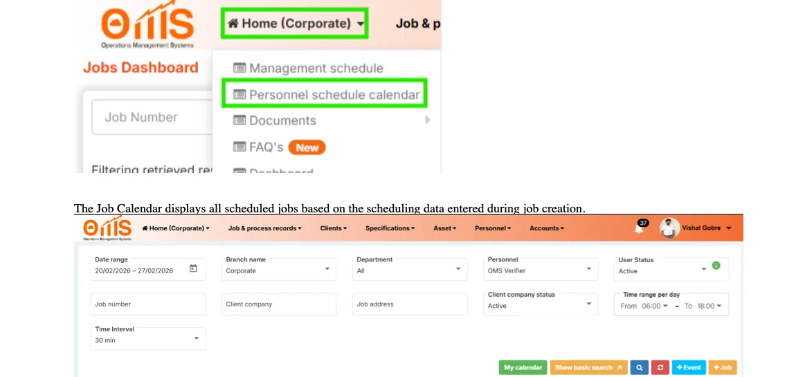 OMS Personnel Schedule Calendar — visual job scheduling by branch, department, and personnel