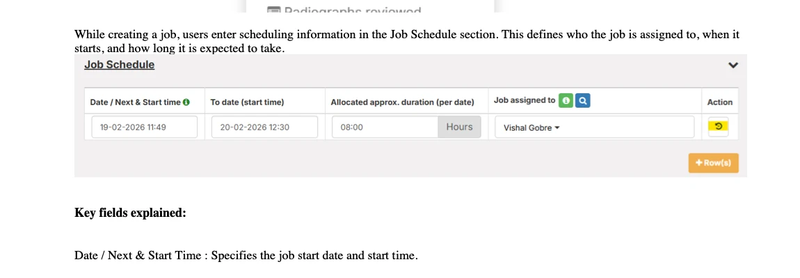 OMS Job Schedule section — assign personnel, start date, end date, and daily hours during job creation